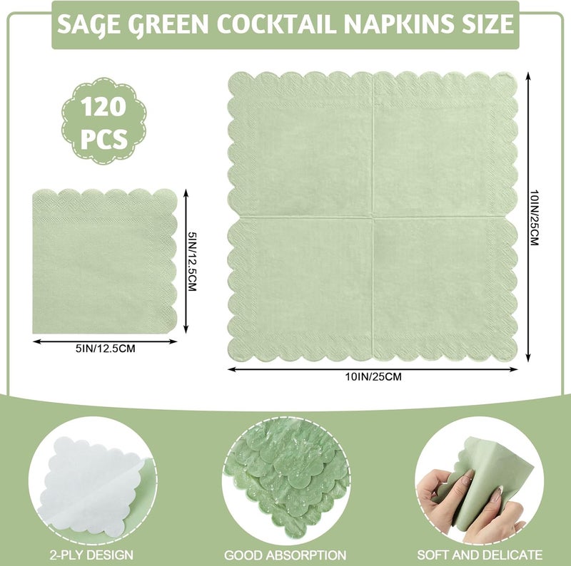 NatNarr 120 Pcs Cocktail Napkins Sage Green Napkins Disposable Dessert Beverage Napkin Scalloped Paper Napkin for Wedding, Bridal Baby Shower, Birthday, 5 x 5 Inch - Image 2